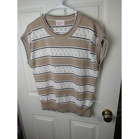 Carriage Court Classics Woman L* Sweater Short Sleeve Brown White Striped... - Picture 2 of 7